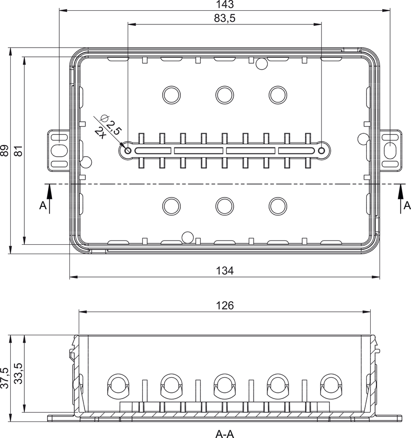 E128 - Puszka odgałęźna naścienna IP54 134 x 89 x 40 mm - Wymiary