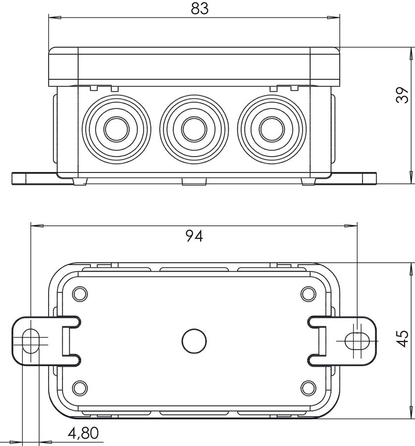 E126 - Wall junction box IP54 85 x 44 x 40 mm - Размери