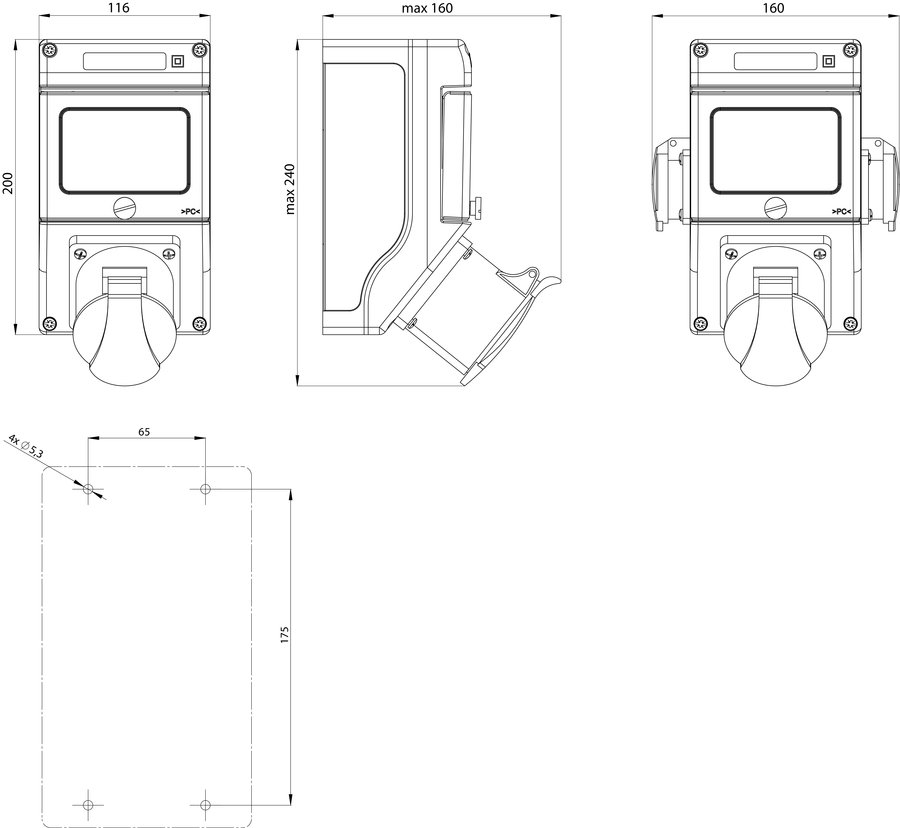 Switch socket ZI3 with miniature circuit breaker - Dimensions