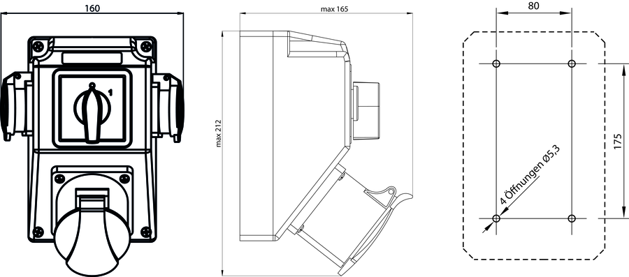 Montageset ZI mit Trennschalter L-0-P (SCHUKO) - Maße