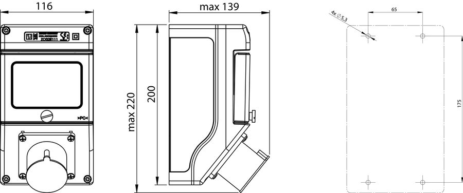 Switch receptacle ZO with miniature circuit breaker - Dimensions