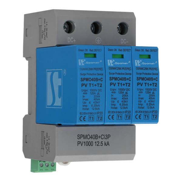 Warystorowy ogranicznik przepięć do instalacji fotowoltaicznych PV 3P, 1000V DC, 12.5kA, typ 1+2 (klasa B+C)